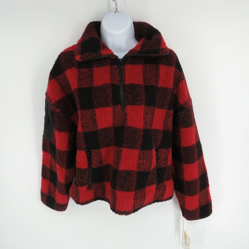 Boundless North Buffalo Plaid Red & Black Faux Fur 1/4 Zip Pullover Jacket XS
